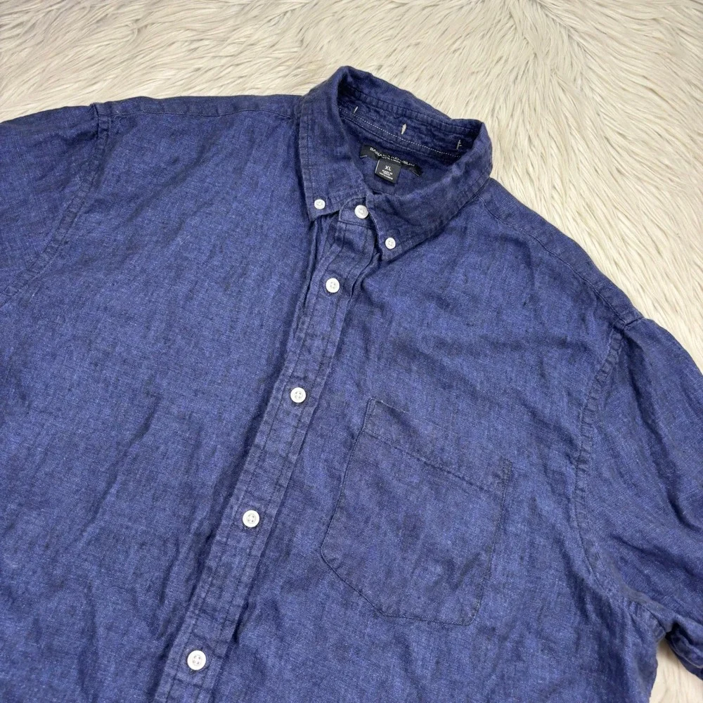 Banana Republic Men's XL Blue 100% Linen SS Button Down Shirt Resort Travel
